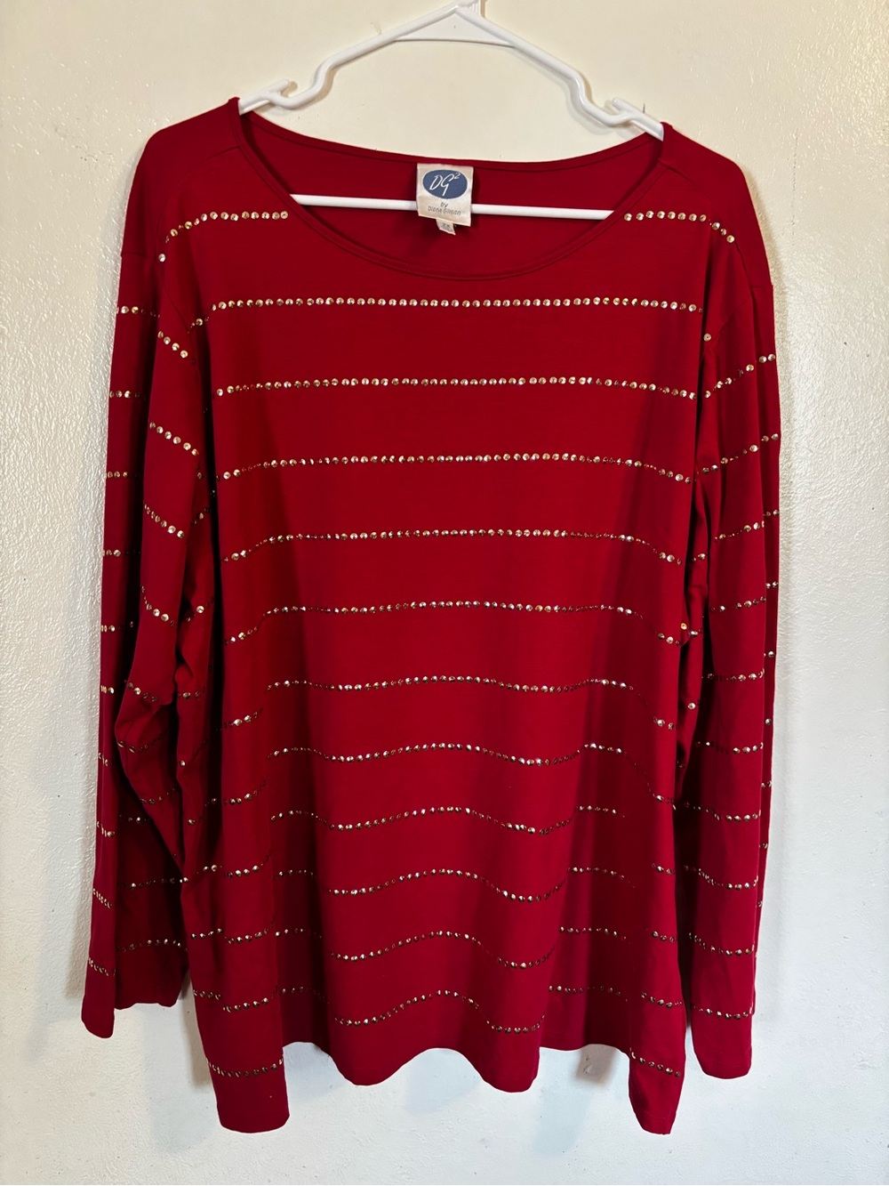 DG2 by Diane Gilman Red Long-Sleeve Top with Rhinestone Stripes